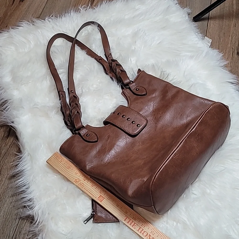 Sam & Hadley Brown Vegan Leather Boho Shoulder Bag Tote Purse